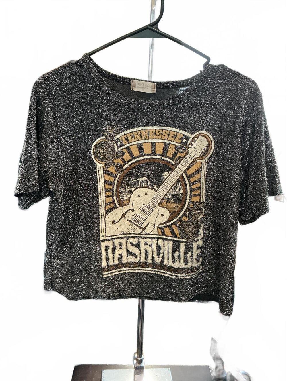 Altar’d State Nashville TN Graphic Crop Sparkly Black Top S
